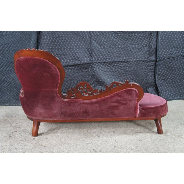 1970s Miniature Victorian Revival Red Velvet & Carved Mahogany Chaise Lounge Dog Bed For Sale - Image 10 of 13
