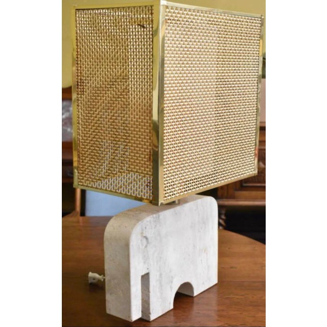 Italian Vintage Italian Mid Century Table Desk Travertine Lamp by Fratelli Manelli With Brass Wicker Box Shade For Sale - Image 3 of 3