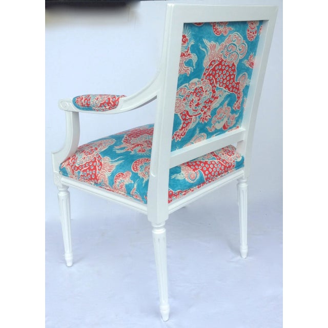 Vintage C1920's-30's French Neoclassical Kiln Dried Arm Chair Upholstered in Chinoiserie "Dragon Motif" Linen Textile For Sale In West Palm - Image 6 of 11