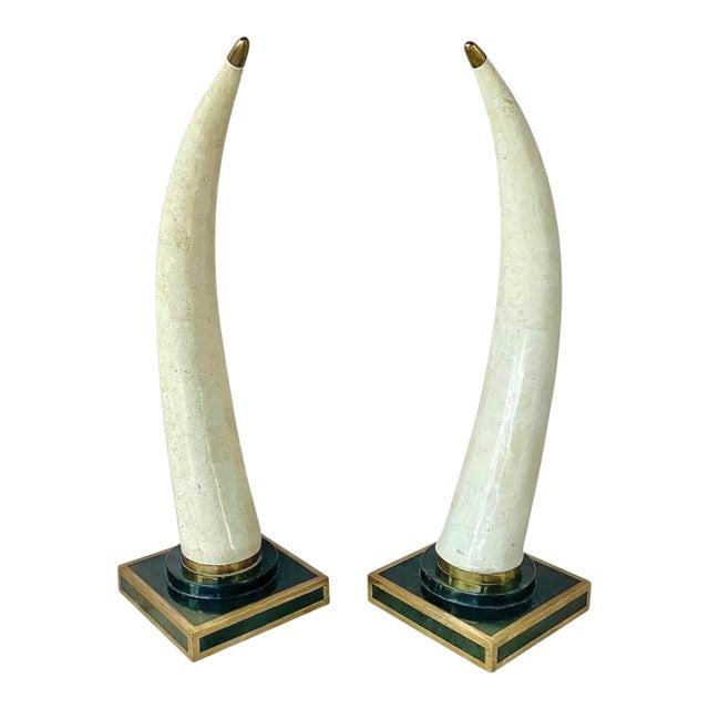 Pair of Tessellated Marble Faux Tusks on Brass and Faux Marble Bases For Sale