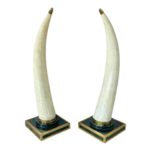 Pair of Tessellated Marble Faux Tusks on Brass and Faux Marble Bases