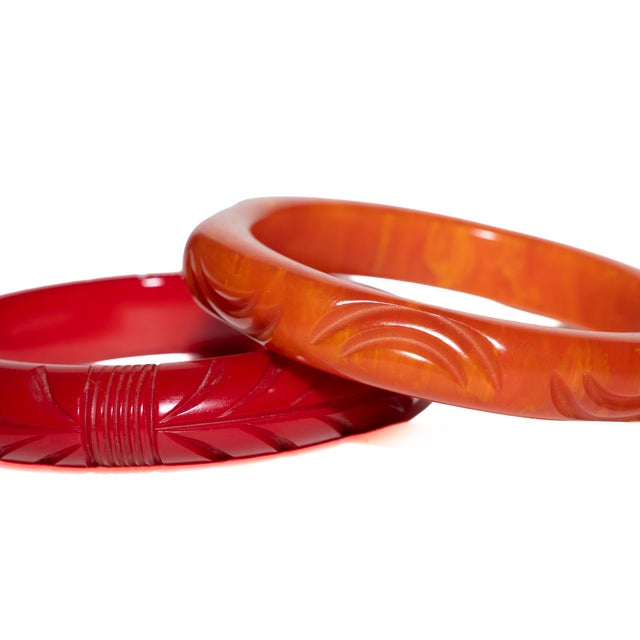 Chanel Vintage Carved Bakelite Bangle Bracelets in Red and Orange, 1930's, Pair Of For Sale - Image 4 of 17