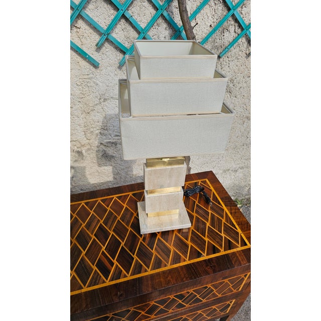 Beige Mid-Century Modern Lamps in Travertine and Brass, Set of 2 For Sale - Image 8 of 13