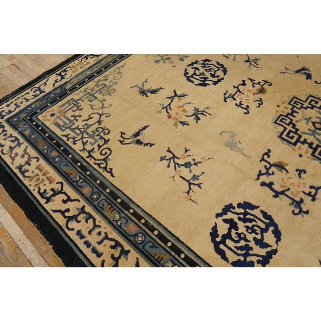 Beige Superlative Navy Color Circles Forming a Cross in the Center on Beige Background Antique Chinese Peking Rug For Sale - Image 8 of 12
