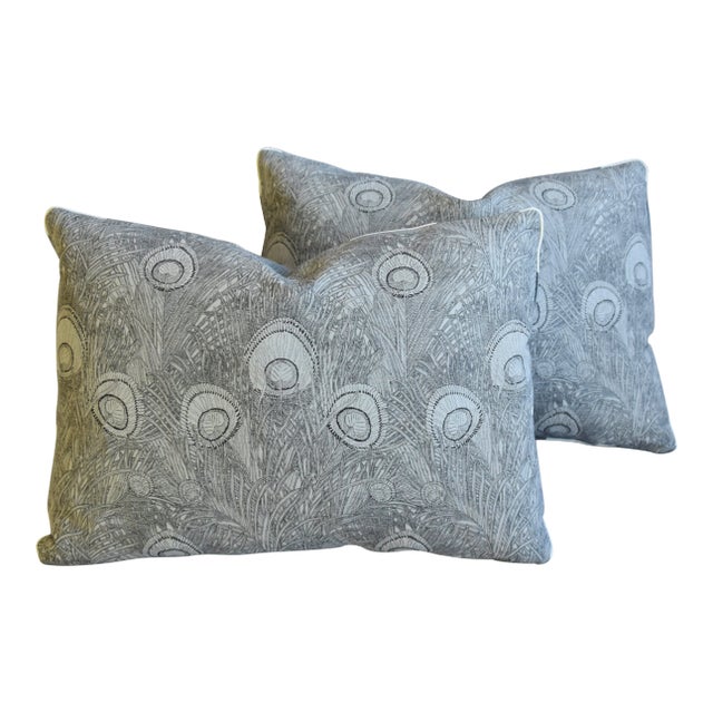 Designer Peacock Feather Linen Feather/Down Pillows 22" X 16" - Pair For Sale