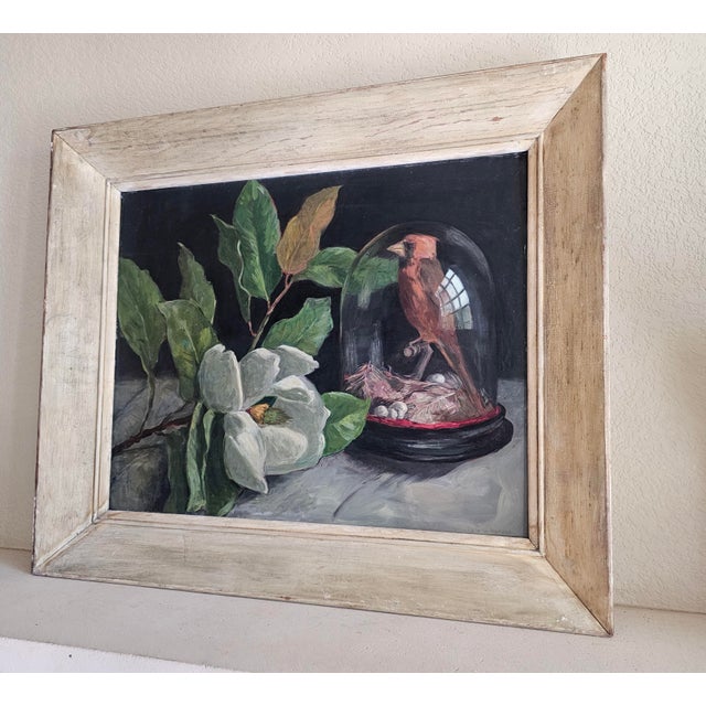 Mid 20th Century Virginia Woolley Original Oil Painting Cardinal Under Glass With Magnolia Framed For Sale - Image 10 of 12