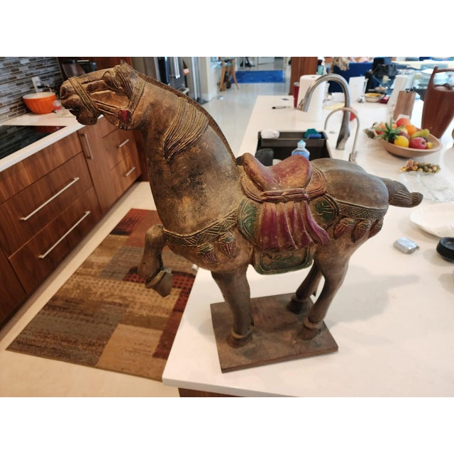 1940s Large Asian Wood Carved Tang Emperors Horse For Sale - Image 4 of 12