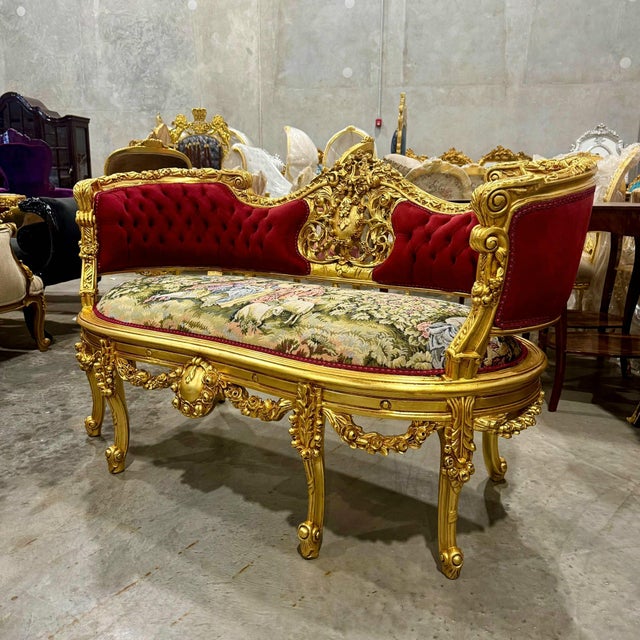 Textile French Style Art Bench Small Settee Vintage Red Velvet Gold Details For Sale - Image 7 of 7