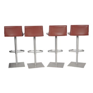 Set of Four Frag Bottega Italian Red Leather Adjustable Swivel Bar Stools For Sale