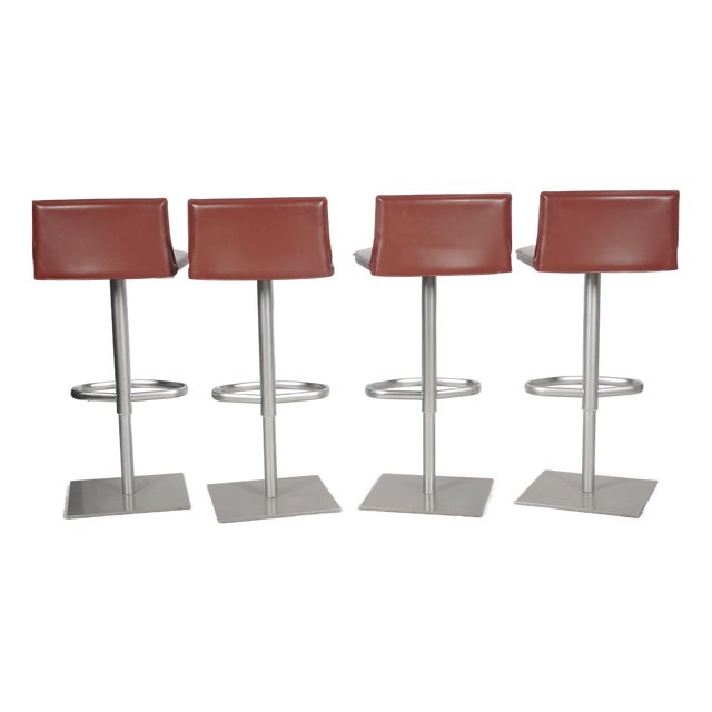 Set of Four Frag Bottega Italian Red Leather Adjustable Swivel Bar Stools For Sale