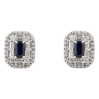 Art Deco-Style 14k Gold Octagon Blue Sapphire & Diamond Cluster Stud Earrings For Sale