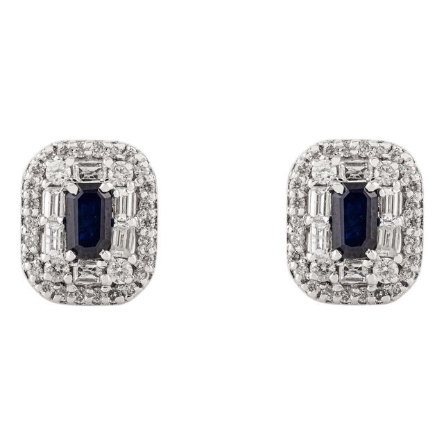 Art Deco-Style 14k Gold Octagon Blue Sapphire & Diamond Cluster Stud Earrings For Sale