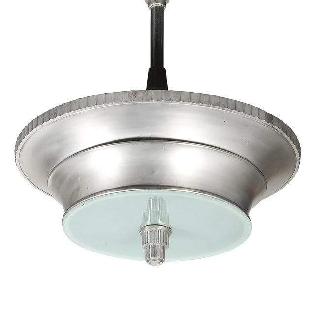 1930s 1930s Art Deco Brushed Aluminum & Frosted Glass Chandelier With Fluted Detailing For Sale - Image 5 of 13