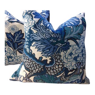 Schumacher Pillows in Chiang Mai Blue & White Linen - a Pair For Sale