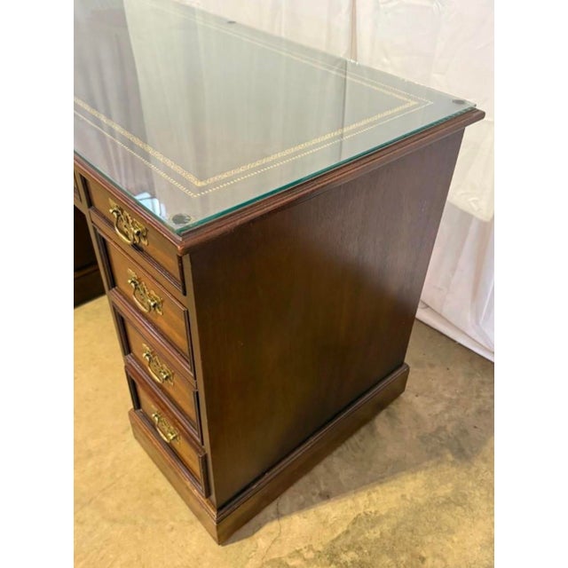 Vintage Sligh Furniture Chippendale Mahogany and Tooled Leather Top Partners Desk With Glass For Sale - Image 10 of 18