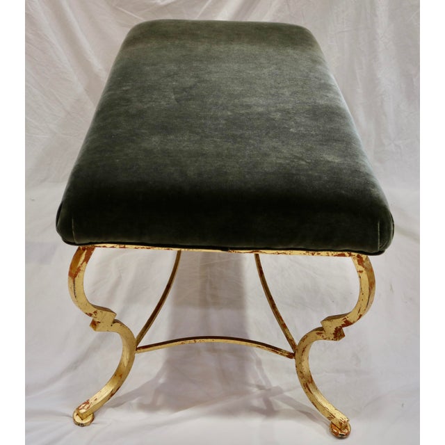 Modern Vintage Bench Gilt Gold Leaf Over Iron Frame With Silk Velvet Upholstery For Sale - Image 3 of 4