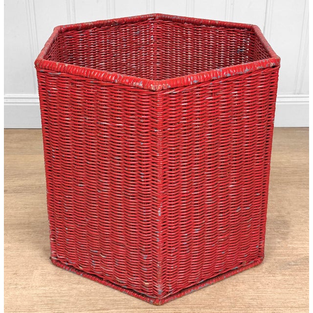 Vintage Coastal Boho Red Wicker Octagonal Basket Hamper For Sale - Image 4 of 10