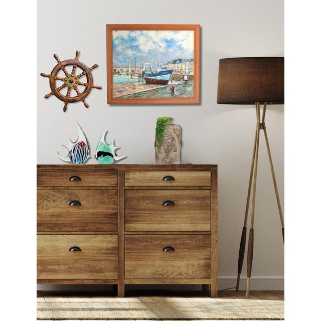 French Country Vivid Normandy Harbor Scene Oil Painting, Signed For Sale - Image 3 of 4