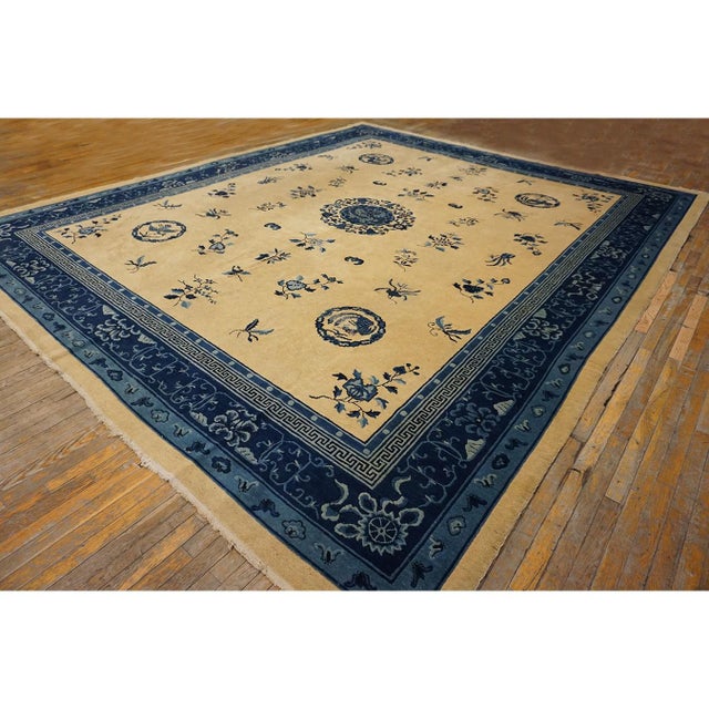 Chinese Classic Beige Greek Key Medallion Antique Wool Chinese Peking Ivory 1920s Rug For Sale - Image 3 of 6
