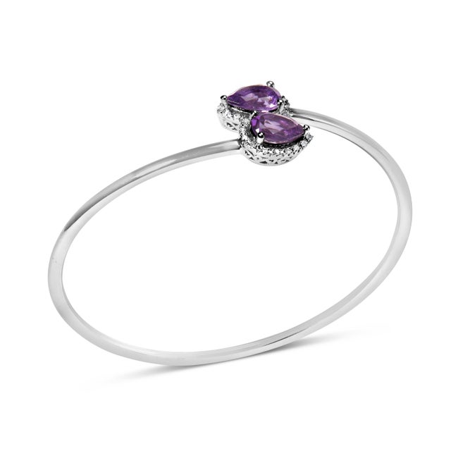 Contemporary .925 Sterling Silver 8 x 5.5mm Pear Shape Amethyst and Diamond Accent Halo Bypass Bangle Bracelet (H-I Color, SI1-SI2 Clarity) - Fits up to 7" Inches For Sale - Image 3 of 6