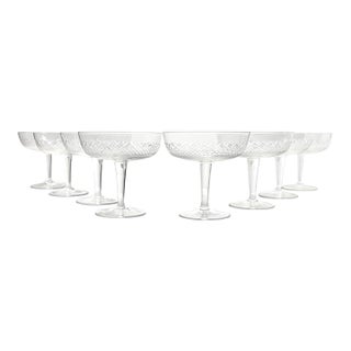 1950s Mid-Century Modern Coupe Champagne Glasses Criss-Cross X Fishnet Cuts - Set of 8 For Sale