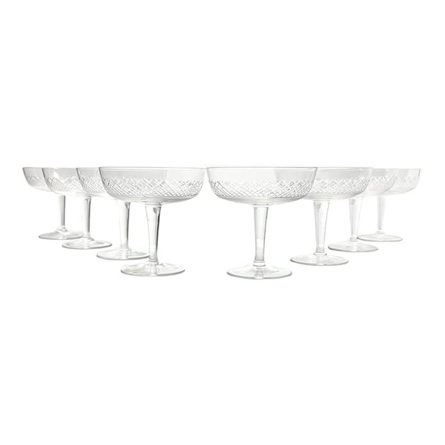 1950s Mid-Century Modern Coupe Champagne Glasses Criss-Cross X Fishnet Cuts - Set of 8 For Sale