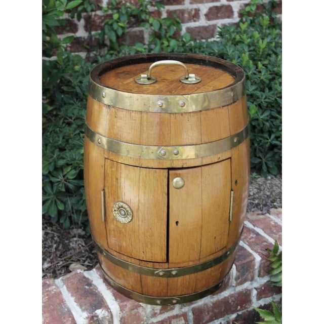 Antique English Oak Brass Banded Barrel Bar Wine Liquor Cabinet