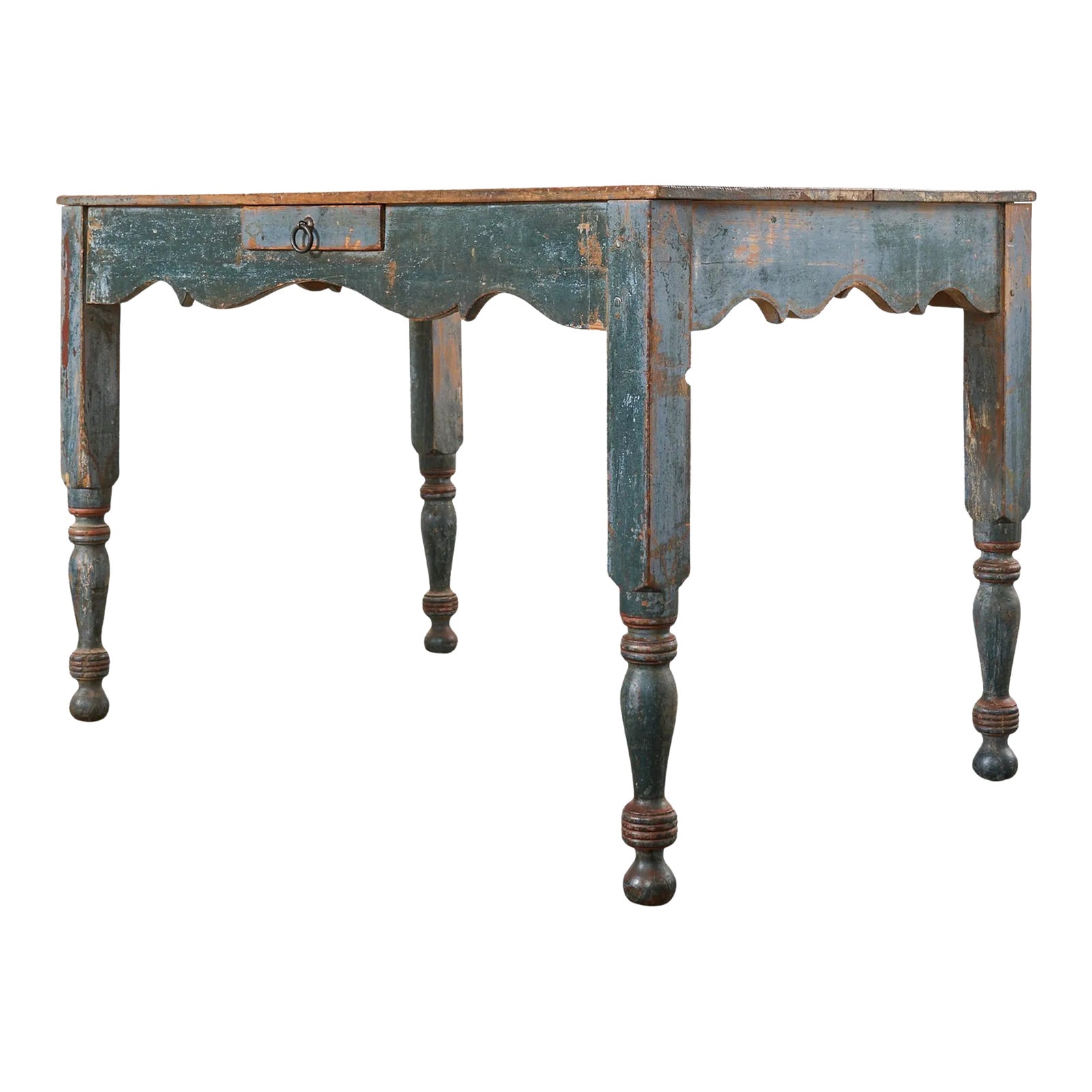 Distressed Country Farmhouse Painted Pine Work Dining Table | Chairish