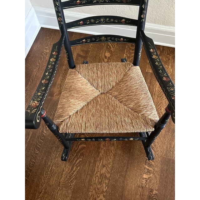 19th Century Antique Stenciled Ladder Back Rocking Chair With Rush Seat For Sale - Image 4 of 4