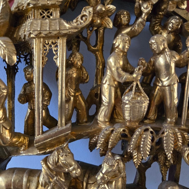 Antique Chinese Giltwood Panel Relief Carving Landscape Scene Red Lacquer Borders and Back For Sale - Image 10 of 18