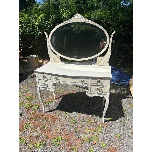 Charming White Painted Wood Vanity With Oval Mirror For Sale - Image 16 of 17
