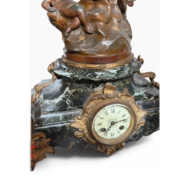 Art Nouveau Antique French Bronze & Marble Art Nouveau Clock - La Nuit Madrassi For Sale - Image 3 of 6