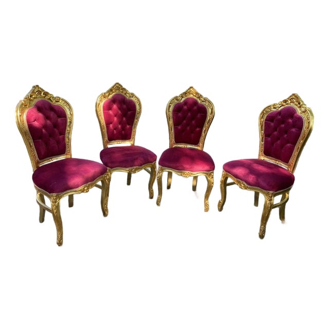 Late 20c French Louis XVI Gold Beech Burgundy Velvet Chairs - Set of 4 PCS For Sale