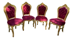 Late 20c French Louis XVI Gold Beech Burgundy Velvet Chairs - Set of 4 PCS