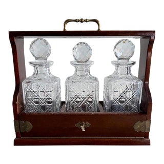 Victorian Tantalus Decanter Set: Crystal, Oak & Brass Hardware For Sale