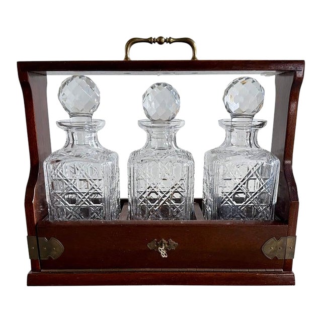 Victorian Tantalus Decanter Set: Crystal, Oak & Brass Hardware For Sale