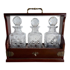 Victorian Tantalus Decanter Set: Crystal, Oak & Brass Hardware