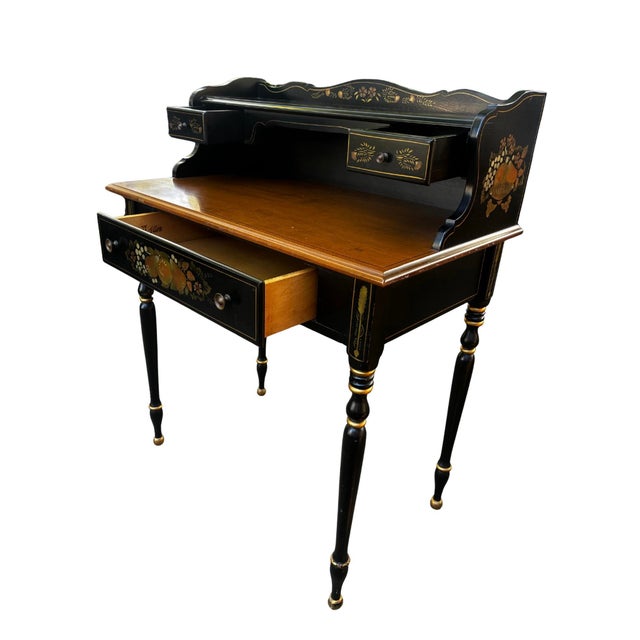 Ethan Allen Early 20th Century Ethan Allen Hitchcock Style Stenciled & Ebonized Ladies Writing Desk and Woven Rush Seat For Sale - Image 4 of 11