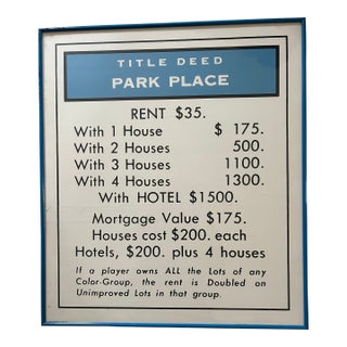 Vintage 1970s Giant Monopoly Title Deed Framed Wall Art – "Park Place" Pop Art Print. For Sale