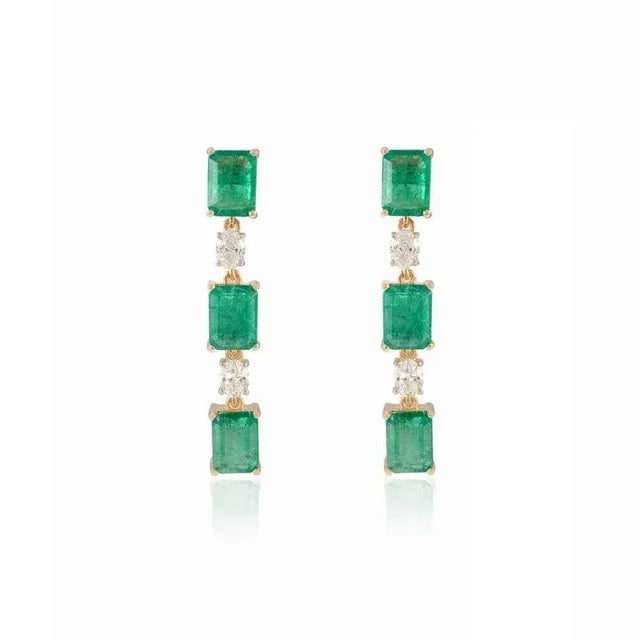 Metal 9.11cts Emerald Diamond Cocktail Earrings in 18k Yellow Gold - 2 Pieces For Sale - Image 7 of 8