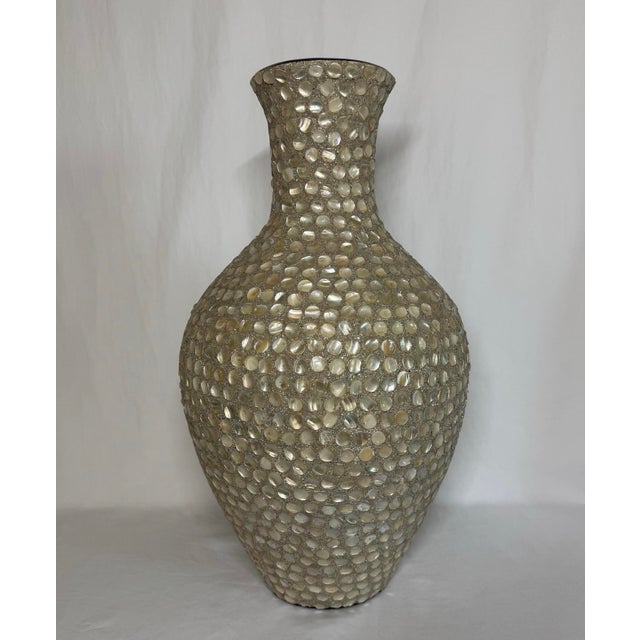 1990s 18.5” Mother of Pearl Sea Shell Mosaic Tile Vase Sand Beige For Sale - Image 5 of 8