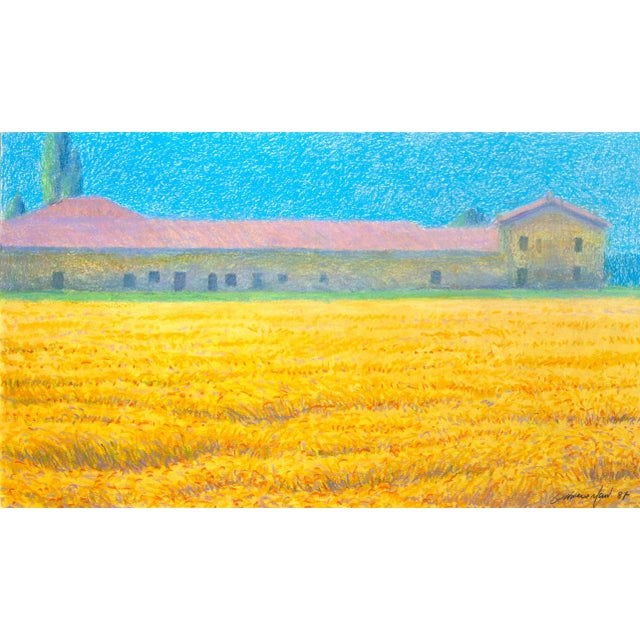 Oliviero Masi Wheat Field and House, Pastel Landscape 1987 For Sale