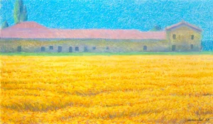Oliviero Masi Wheat Field and House, Pastel Landscape 1987