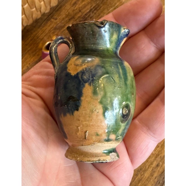 American Rare Antique Miniature Strasburg, Va Multi Glazed Redware Pitcher 2.5” C. 1890’s For Sale - Image 3 of 11