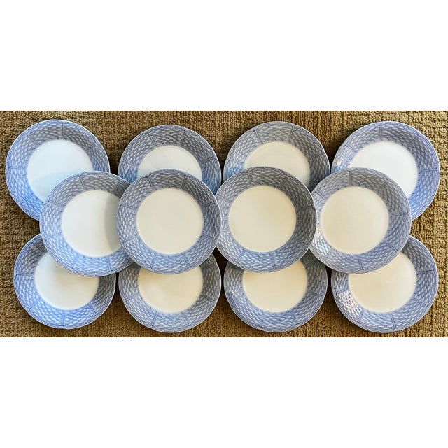 Mid 20th Century English Porcelain Blue and White Basketweave Plates for Salad, Cake or Hors d'Oeuvres - Set of 12 For Sale - Image 10 of 16