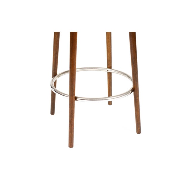 1960s Mid Century Vintage Albert Parvin Walnut Barstools — Swivel Seats — Black Vinyl— Pair For Sale - Image 5 of 7