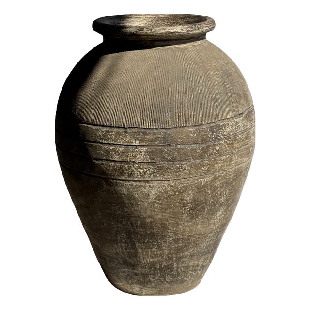 Large Antique Grey Indonesian Pot with Rings and Striations, 1960s For Sale