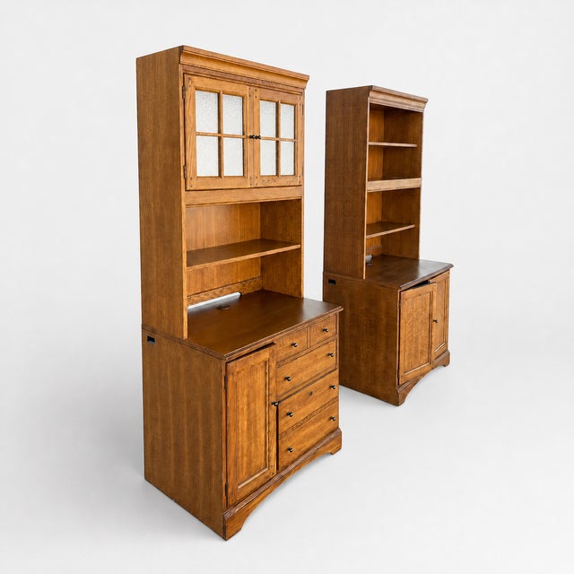1990s Pair of Cottage Style Oak Hutch Cabinets With Glass Doors For Sale In Los Angeles - Image 6 of 18
