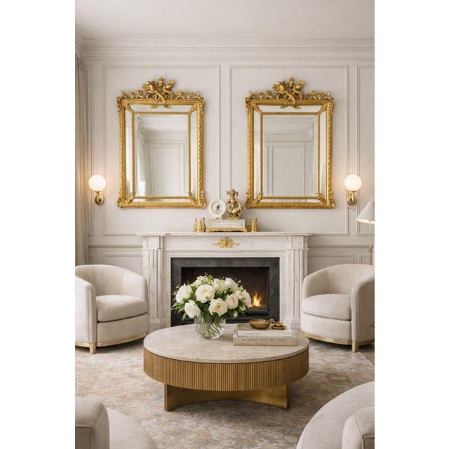 PAIR OF FRENCH NEOCLASSICAL GILTWOOD WEDDING MIRRORS Probably Paris, circa 1850-70 With sculpted birds at play in crest...