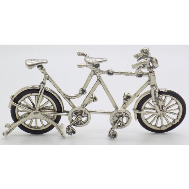 Vintage Italian Handmade Genuine Silver & Rubber Wheels Large Tandem Bicycle Miniature Figurine Made in Arezzo Tuscany For Sale - Image 4 of 10